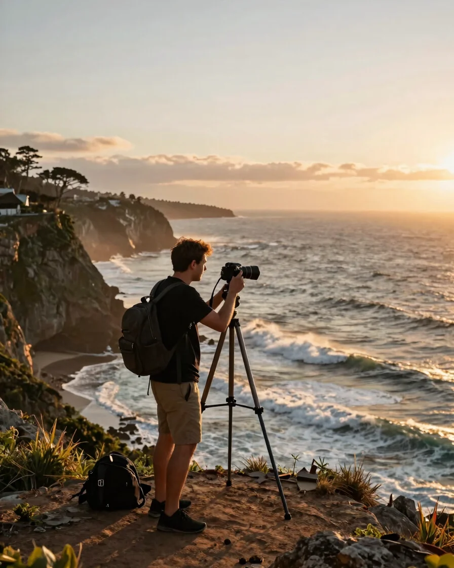 Tripod set up on a coastal cliff at sunrise, photographer adjusting camera settings, rich warm daylight illuminating the
