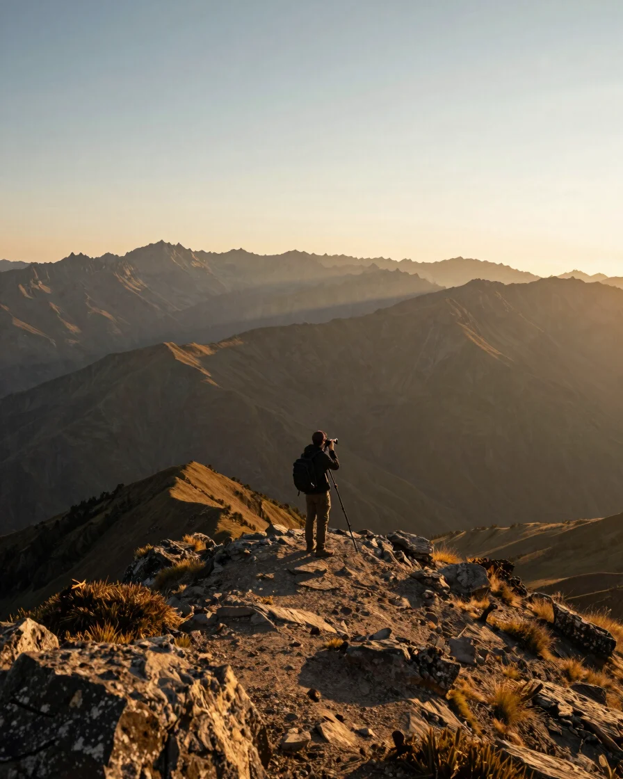 Wide natural landscape at golden hour, a lone photographer with a tripod on a mountain ridge looking toward distant peak