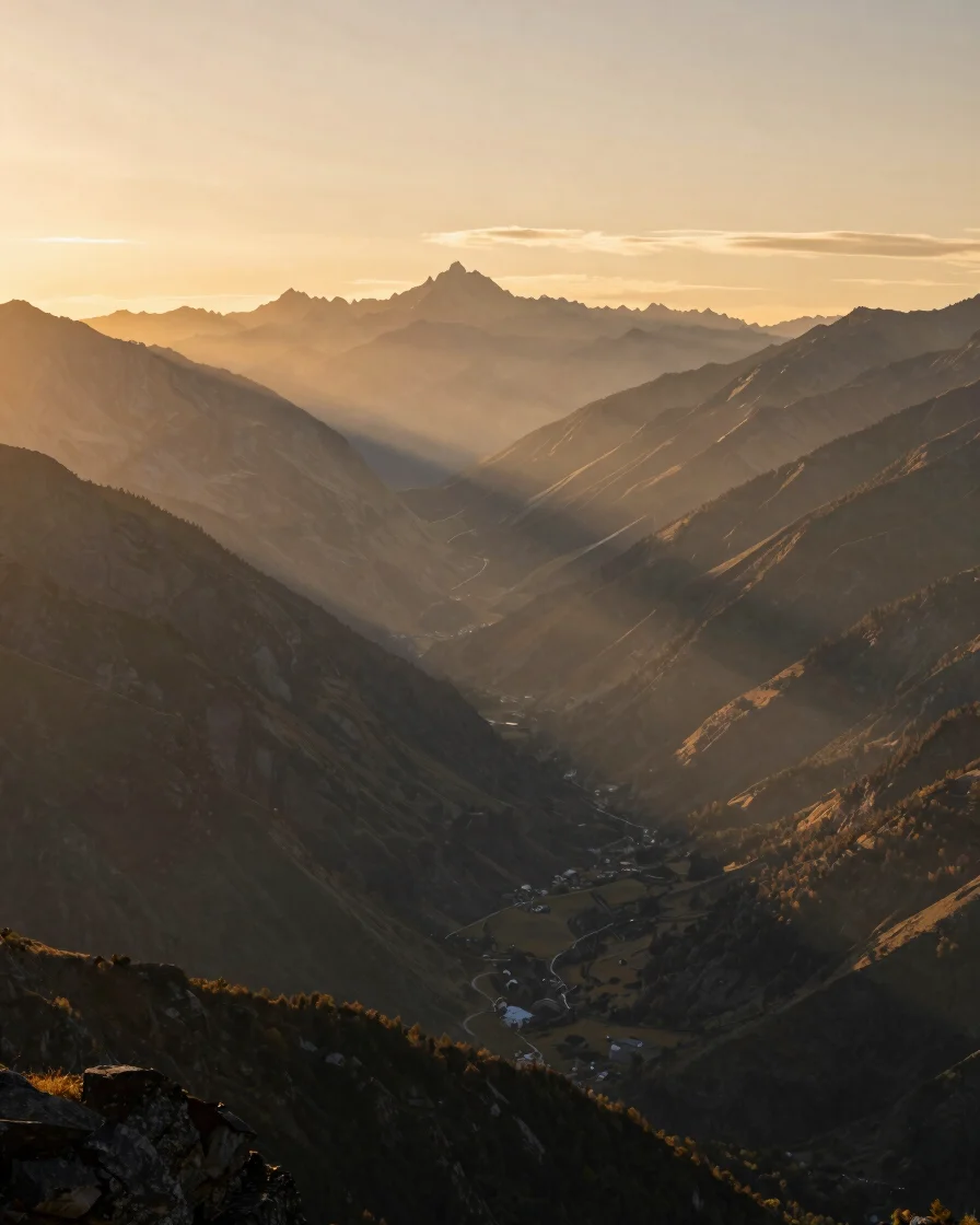 Wide panoramic mountain landscape at golden hour, majestic peaks